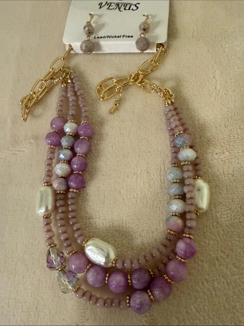 VENUS Lavender Multi-Strand Beaded Necklace Pearl Accents Lead/Nickel free